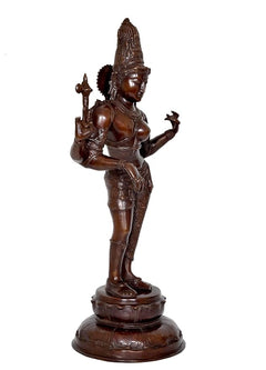 Brass Ardhanarishvara statue idol in angled view, ornate torso details, standing on base
