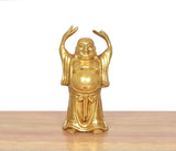 Brass Laughing Buddha standing statue, smiling face, arms raised overhead