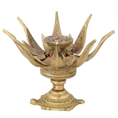 Brass diya oil wick lamp with multi-prong crown and central wick well