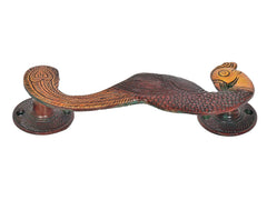 Peacock door handle pair profile: red scaled bar with gold eye medallions on plates