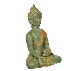 Bhumisparsha mudra Buddha statue front-left angle, brass green finish with gold accents