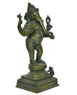Brass Lord Ganesha statue rear/side view, four arms holding items, ornate pedestal