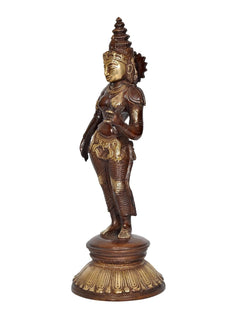 Brass Parvati goddess idol, side view with crown, waist ornaments, and patterned base