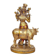 Rückansicht Krishna auf Kuh, goldfarbener Rückenkranz, farbige Rüstung, runder Sockel