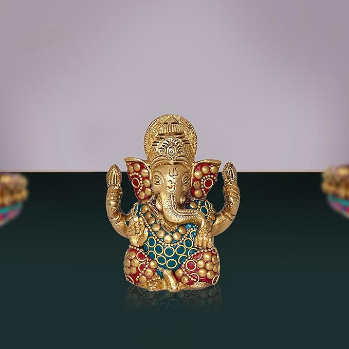 Brass Lord Ganesha statue with red and blue enamel detailing, front view