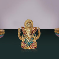 Brass Lord Ganesha statue with red and blue enamel detailing, front view