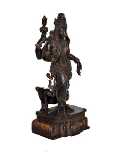 Ardhnarishwar idol sculpture, dark bronze tone, back/side view with Shiva-Parvati motifs