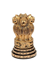 Front view wooden Ashoka lion emblem memento (5 inch), carved texture with dark base