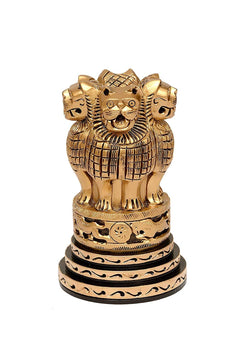 Front view wooden Ashoka lion emblem memento (5 inch), carved texture with dark base