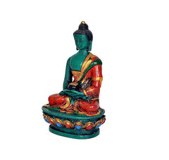 Resin Buddha idol statue, Dhyana mudra hands, teal body with red robe and ornate base