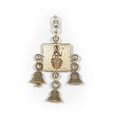 Gold-toned Saraswati wall hanging with square deity panel and three dangling bells