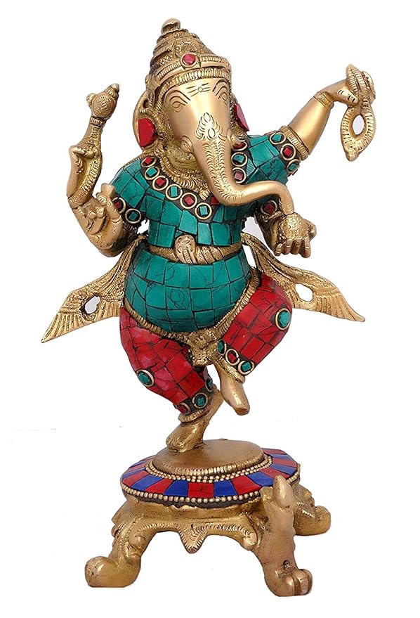 Brass Dancing Ganesha idol showpiece, turquoise and red outfit with jeweled details