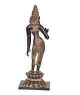 Brass Parvati statue rear three-quarter view, patterned waist and arm jewelry, base