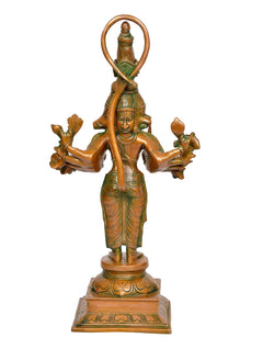 Brass Panchamukhi Hanuman statue front view, arch halo, detailed five-face expression
