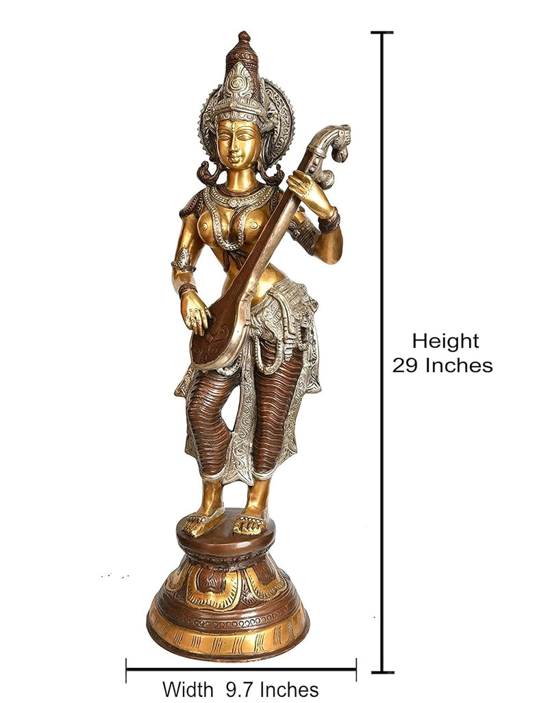 Standing Saraswati Murti Saraswati Idol Brass Statue for Home Entrance Good Luck Vastu Height 29 inches