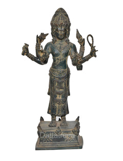 Front view four-armed standing Vishnu figurine with blue-green bronze patina and base