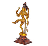 Brass Ardhanrishvara statue shown from the left, ornate crown and dancer legs