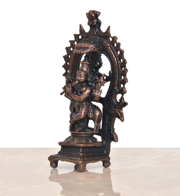 Copper Lord Krishna with Cow in Arch Figurine (Height 3 Inch) Study Setting