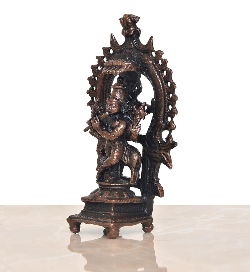 Copper Lord Krishna Playing Flute with Cow in Arch Idol Figurine Sculpture Playing Flute Statue Decorative Showpiece, (Height 3 Inch)