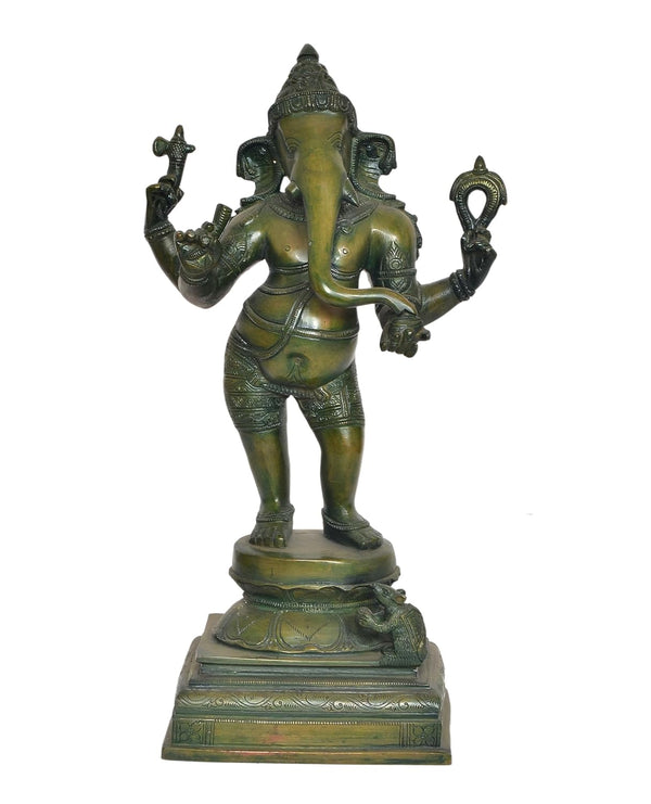 Brass Standing Lord Ganesha Idol Statue Decorative Sculpture for Home Decor Office Mandir Pooja Temple (Height 18 Inch) Entryway Setting