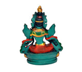 Rear view Green Tara resin statue: teal seated deity, green arms, red base, gold details