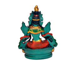Rear view Green Tara resin statue: teal seated deity, green arms, red base, gold details