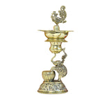 Brass elephant & peacock diya oil lamp with upright peacock finial, unlit