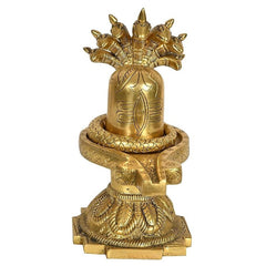 Brass Shiva linga with cobra hood and coiled snakes, 9.3 in tall