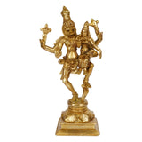Handcrafted brass Lakshmi Narasimha deity statue, raised arms, on ornate base