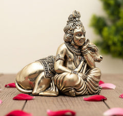 Brass Lord Bal Gopal statue with cow, extended-leg posture, detailed jewelry