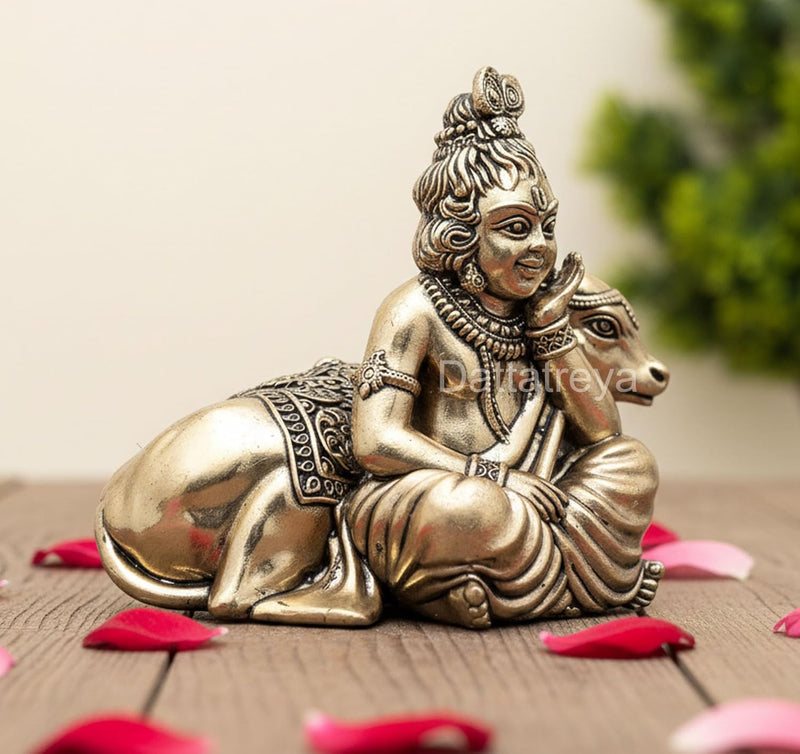 Bronze Lord Bal Gopal with Cow Idol (Height: 3 Inch)