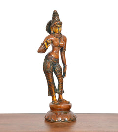 Brass goddess statue front view, standing on round base, raised hand blessing gesture