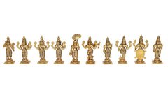 Brass Vishnu Dashavatara ten figurines with ornate armor-like detailing