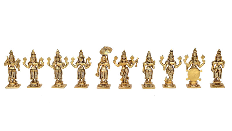 Brass Vishnu Dashavatara Ten Avatars of Vishnu for Home Temple Office Mandir, (Height: 4 Inch)