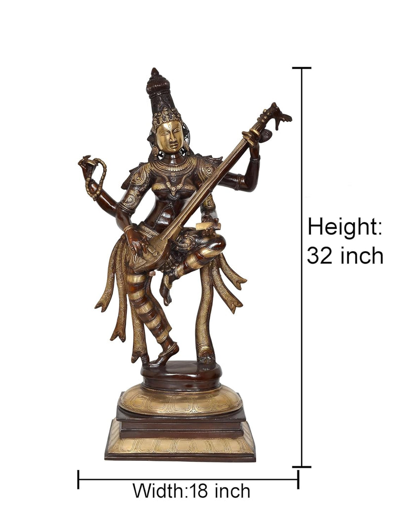 Brass Maa Standing Saraswati Handcrafted Statue Playing Sitar (Height 32 Inch)