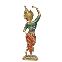 Back/angle view of brass Tara Devi statue, colorful inlaid dress and raised hand