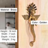 Golden brass Naga Kanya door handle pair with winged serpent-goddess figures