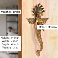 Golden brass Naga Kanya door handle pair with winged serpent-goddess figures