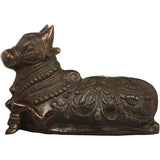 Brass Nandi Vahana figurine, 7 in, profile of decorated reclining bull