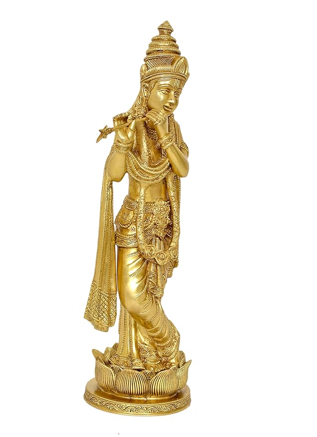 Brass Lord Krishna Idol Figurine Sculpture Playing Flute Statue Decorative Showpiece, (Height 17 Inch)