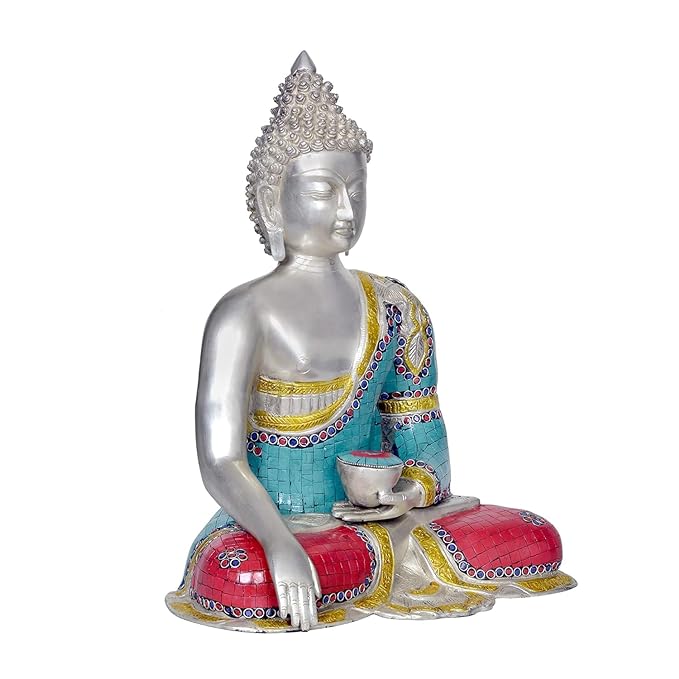 Buddha Calling The Earth to Witness/Earth Touching Buddha Idol Buddha Statue Stone Work Multicolour Home Decor in Brass Staue Height : 17 Inches