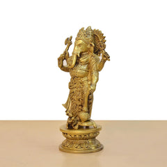 Brass Lord Ganesha standing idol, side view with ornate base and crown