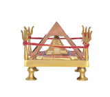 Brass Shri Yantra chowki front, copper pyramid frame, red threads, square gold base and legs