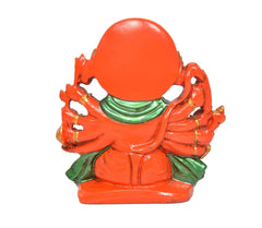 Panchmukhi Hanuman idol figurine, back view with orange halo and green lower drape