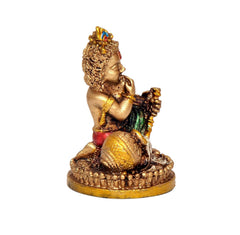Resin Krishna idol hands together pose, multicolor robe, round gold textured base