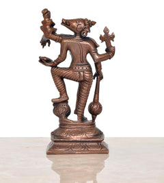 Copper Lakshmi Varaha statue with raised arms, Bhudevi figure, on base