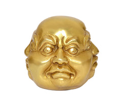 Brass laughing Buddha head ornament, front view with bright eyes
