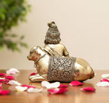 Brass Lord Bal Gopal with cow idol, rear view, engraved patterns