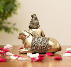 Brass Lord Bal Gopal with cow idol, rear view, engraved patterns
