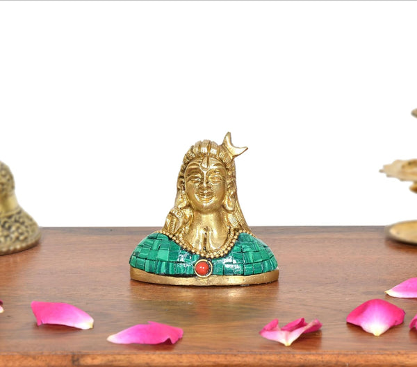 Brass Lord Adiyogi Shiva Idol (Height :2.5 inch) (Green) Study Setting